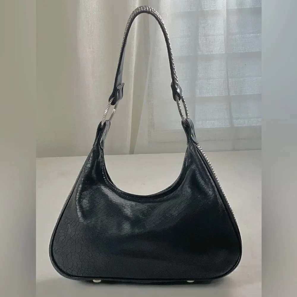Raviani Black Leather Swarovski Crystal & Rivets Shoulder Bag